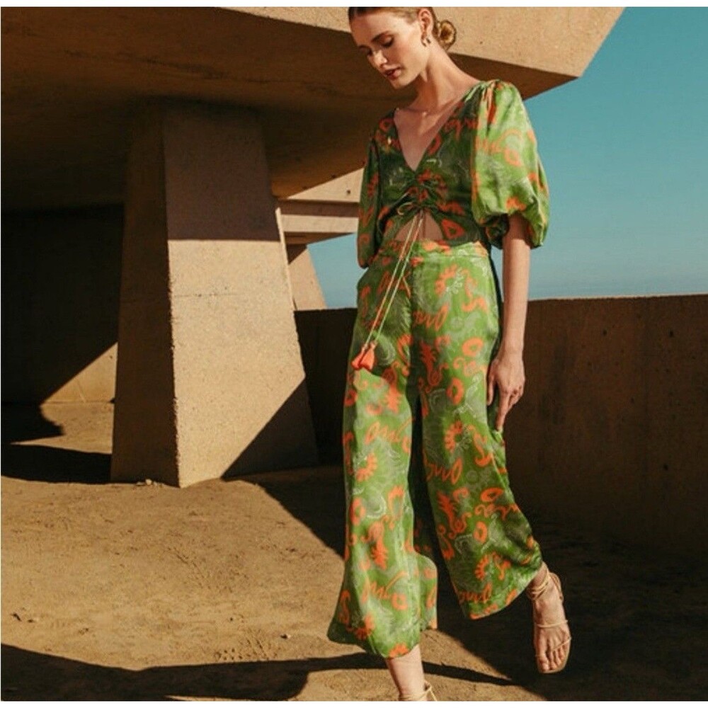 NWOT CLEOBELLA Claire Green Satin Jumpsuit Sz S Abstract Print Short Sleeve - Picture 3 of 13